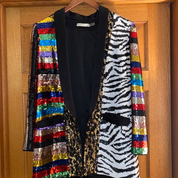 $995 Small ALICE + OLIVIA - Kylie Sequin Shawl Collar Jacket Black/Multi - Picture 2 of 5